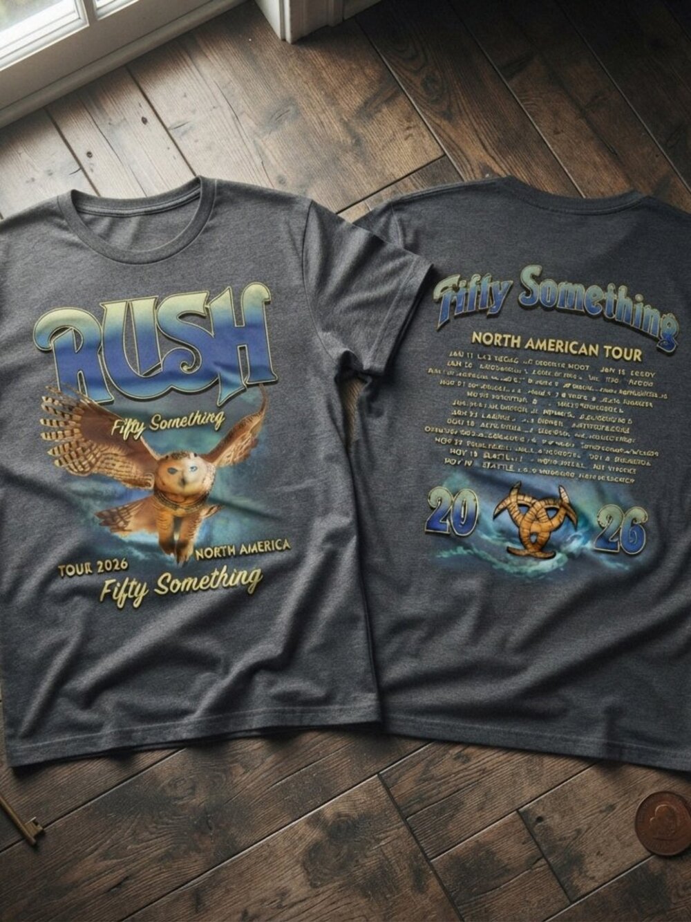 Rush Fifty Something Tour 2026 Owl Graphic Charcoal T-Shirt